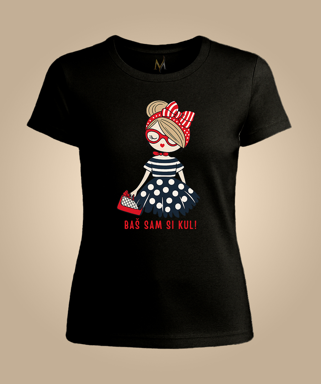 Crna majica s ilustracijom djevojke u retro stilu i natpisom "Baš sam si kul!"