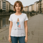 Bijela majica s ilustracijom žene s koferom i natpisom “I ja bih se meni pridružila”