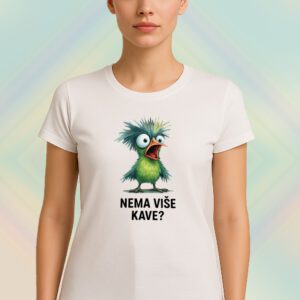 Bijela majica s ilustracijom zelene ptice i tekstom “Nema više kave?”.