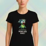 crna majica s ilustracijom zelene ptice i tekstom “Nema više kave?”.