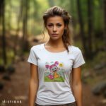 Bijela majica s ilustracijom vesele djevojčice ružičaste kose, žute haljine i natpisom “Just Joy” — Mistique