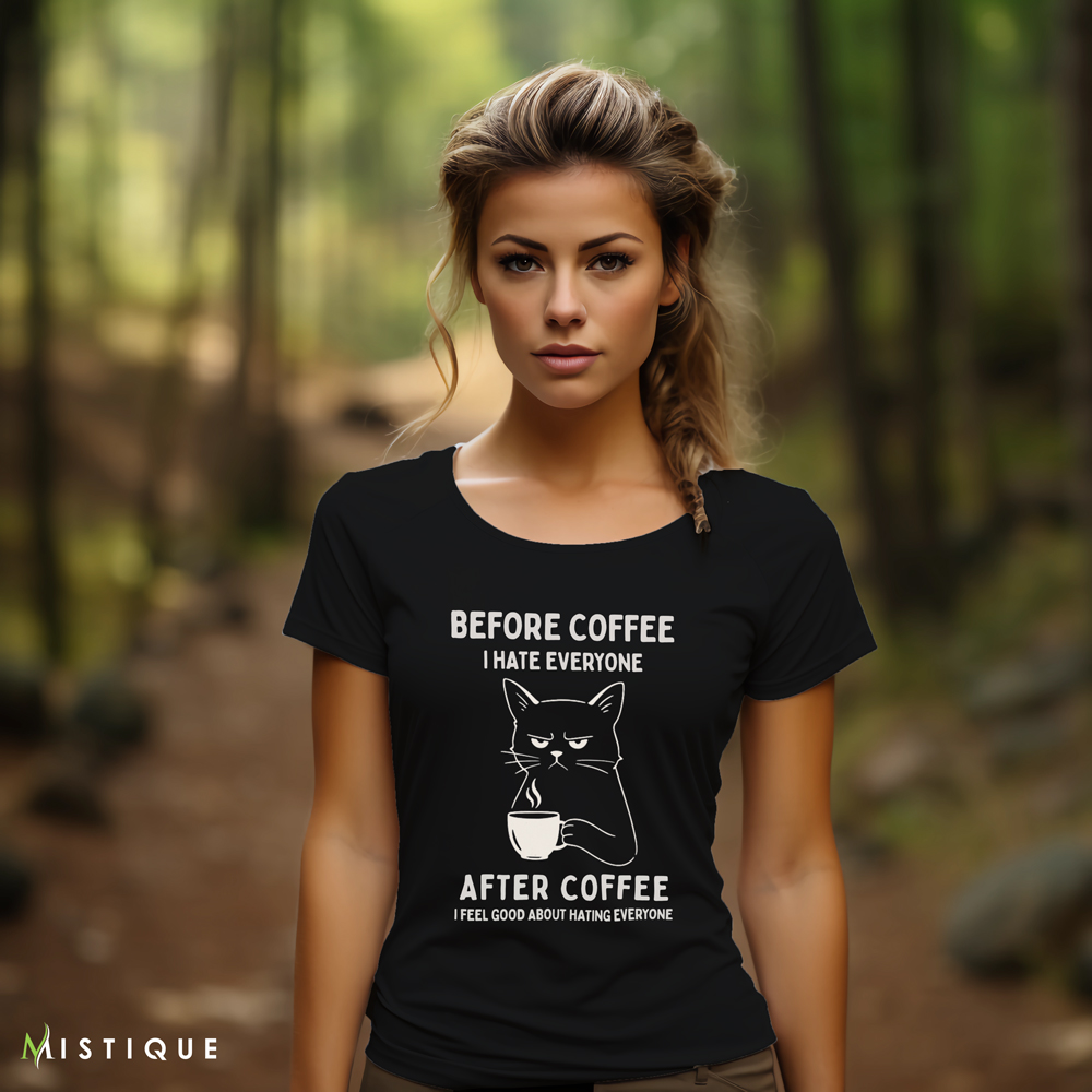 Crna ženska majica s bijelim printom sarkastične mačke i tekstom “Before coffee I hate everyone / After coffee I feel good about hating everyone”