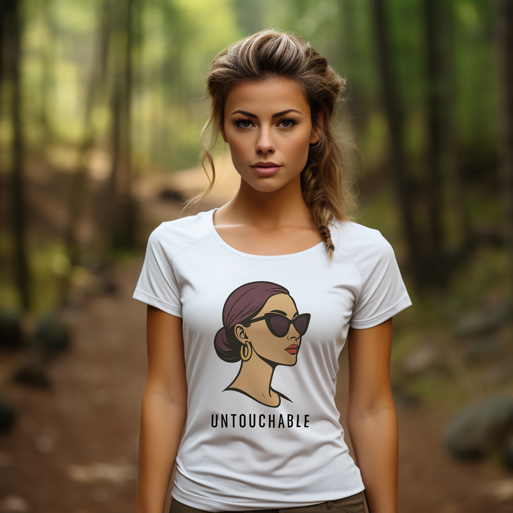 Bijela ženska majica s ilustracijom žene u sunčanim naočalama i tekstom "Untouchable" – Mistique
