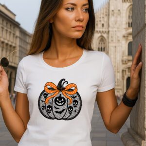 Elegantna bijela majica s Halloween dizajnom čipkaste bundeve s narančastom mašnom i spooky detaljima – #Mistique #MistiqueStyle