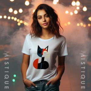 Apstraktna minimalistička ilustracija mačke na bijeloj majici, geometrijski oblikovana u crnoj, crvenoj i bež boji. #Mistique #MistiqueStyle