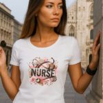 Bijela ženska majica s natpisom “NURSE” i ilustriranim medicinskim motivima – stetoskop, šprica, flasteri i cvijetni detalji. #Mistique #MistiqueStyle