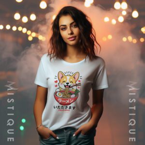 Veseli Corgi jede ramen uz puno srca – print na bijeloj majici #Mistique #MistiqueStyle