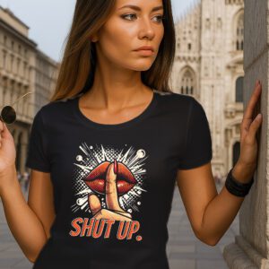 Ženska crna majica s printom crvenih usana i porukom "SHUT UP." – #Mistique #MistiqueStyle