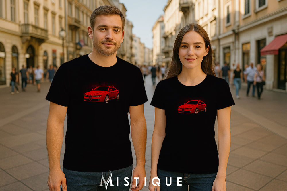 Crveni Alfa 159 dizajn na crnoj majici i crnom džemperu