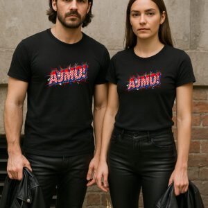 Crna majica s natpisom “AJMO” u crveno-plavo-bijeloj boji, muški i ženski model,