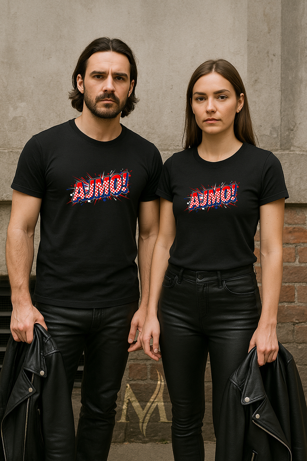 Crna majica s natpisom “AJMO” u crveno-plavo-bijeloj boji, muški i ženski model,