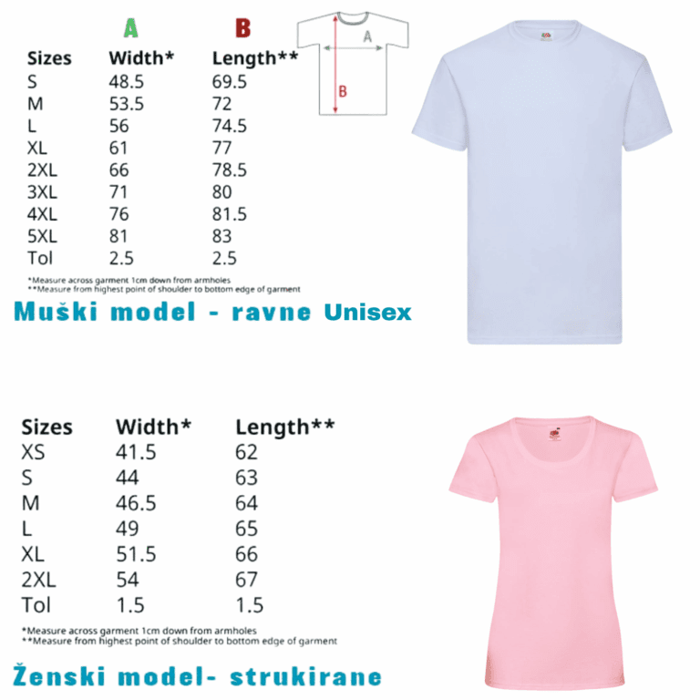 tablica sa mjerama majica