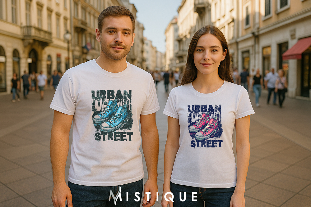 Urban Street majica s printom plavih i ružičastih tenisica, za streetwear stil