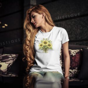 Majica sa suncokretima s elegantnim cvjetnim buketom na bijeloj i crnoj podlozi