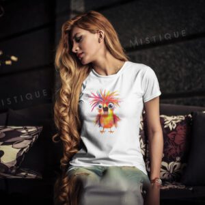 šarena ptičica ilustracija na bijeloj majici