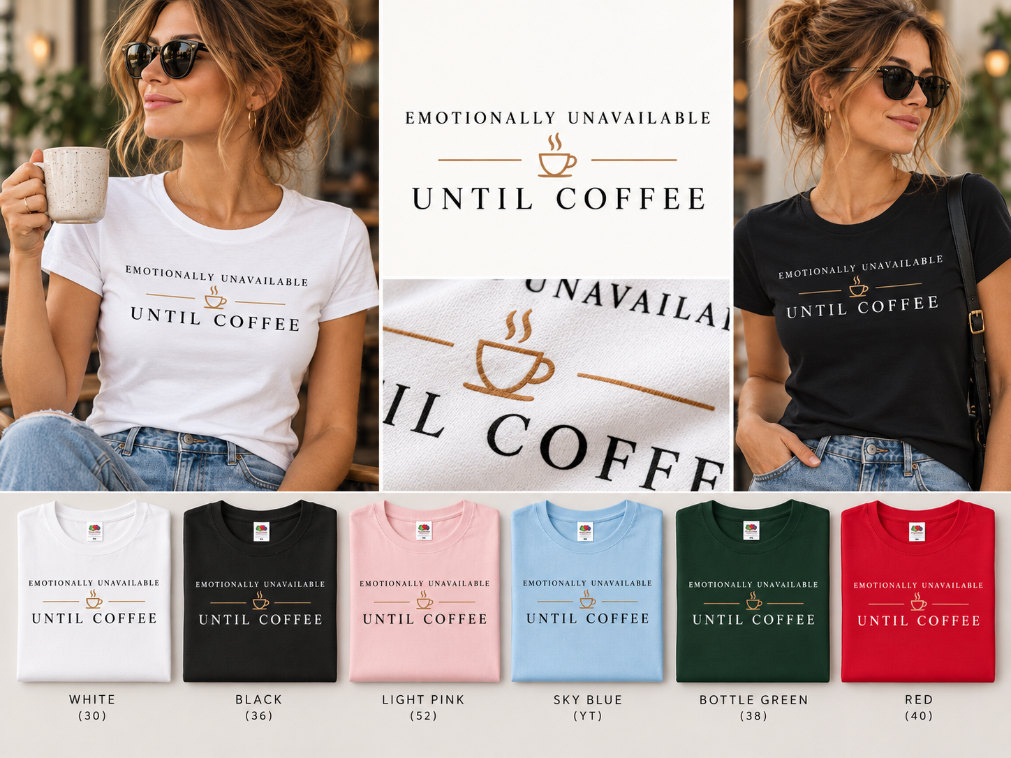 Majica za ljubitelje kave Emotionally Unavailable Until Coffee u šest boja