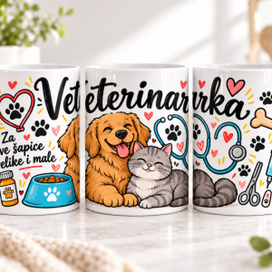 Šalica za veterinarku s motivom psa, mačke i veterinarskih detalja