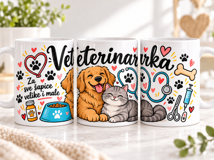 Šalica za veterinarku s motivom psa, mačke i veterinarskih detalja