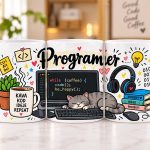 Šalica za programera s motivom koda, računala, kave i programerskih detalja