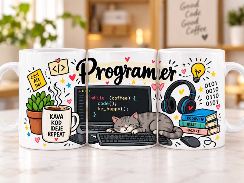 Šalica za programera s motivom koda, računala, kave i programerskih detalja